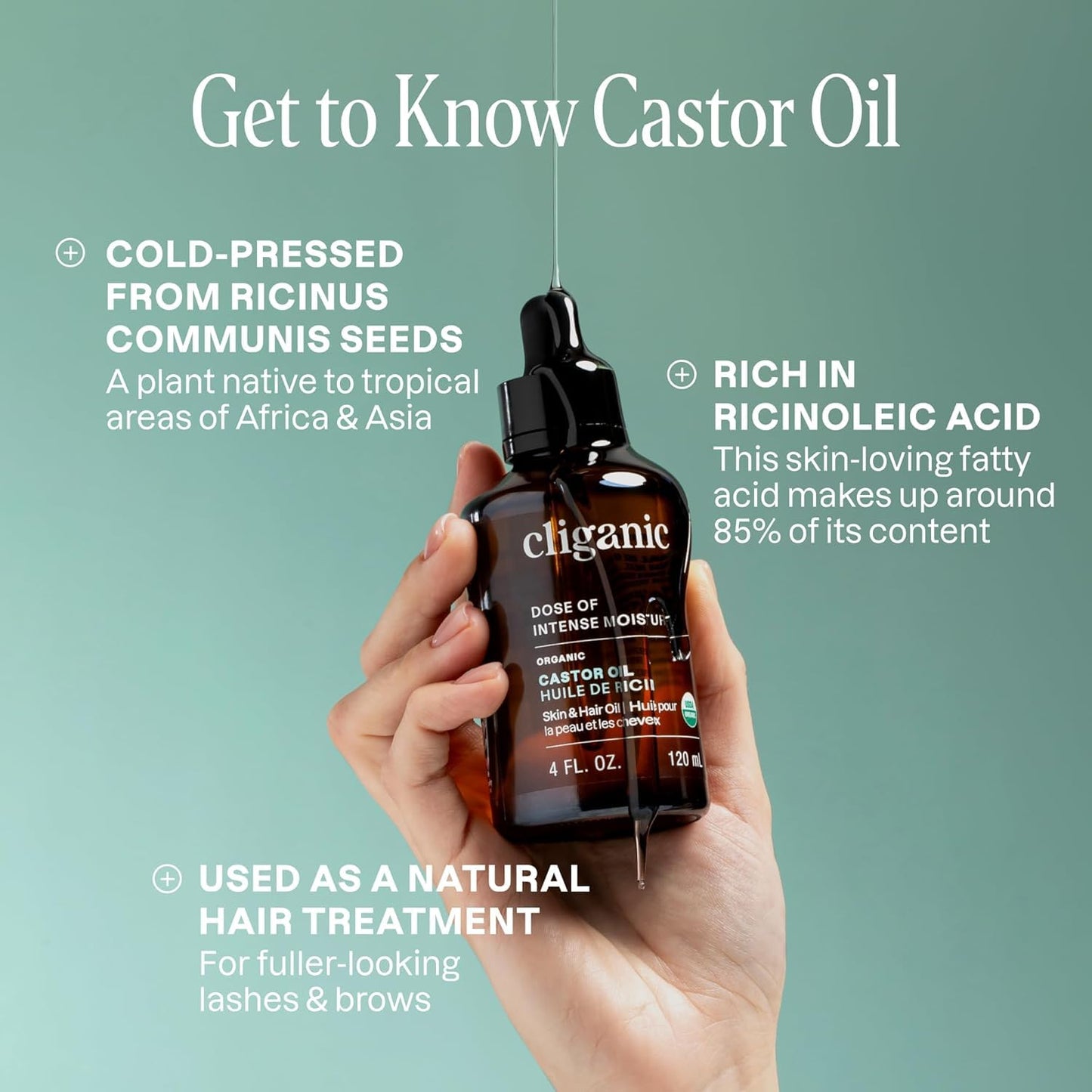 Cliganic Organic Castor Oil, 100% Pure (1oz Glass Bottle with Eyelash Kit) - For Eyelashes, Eyebrows, Hair & Skin