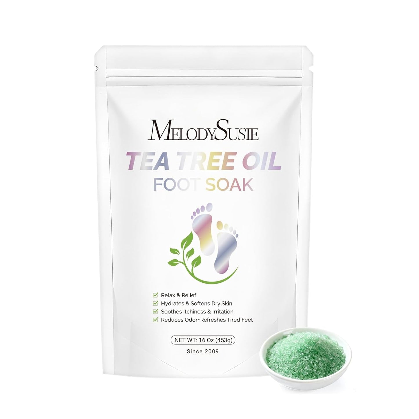 MelodySusie Tea Tree Oil Foot Soak with Sea Salt - Moisturizing Pedicure Treatment for Softening Calluses & Soothing Tired Feet - 16oz Relaxing Foot Bath to Refresh & Rejuvenate 1 Pound