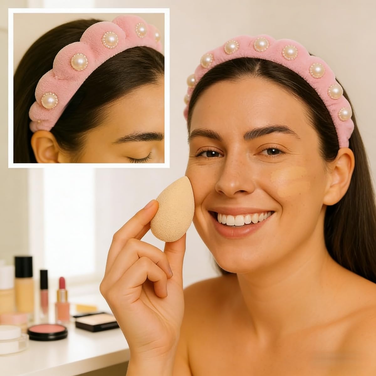 Pearl Rhinestone Headband for Women Girls Terry Cloth Spa Headband for Washing Face Makeup Skincare Puffy Head band (Pink)