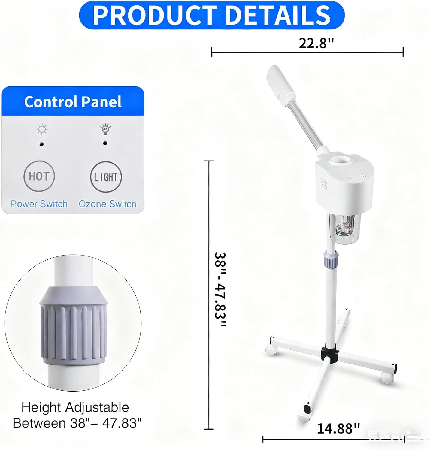 Professional Facial Steamer, Ozone & Hot Mist Spray, Stand Face Steamer for Estheticians, Deep Cleansing & Hydration, SPA & Home
