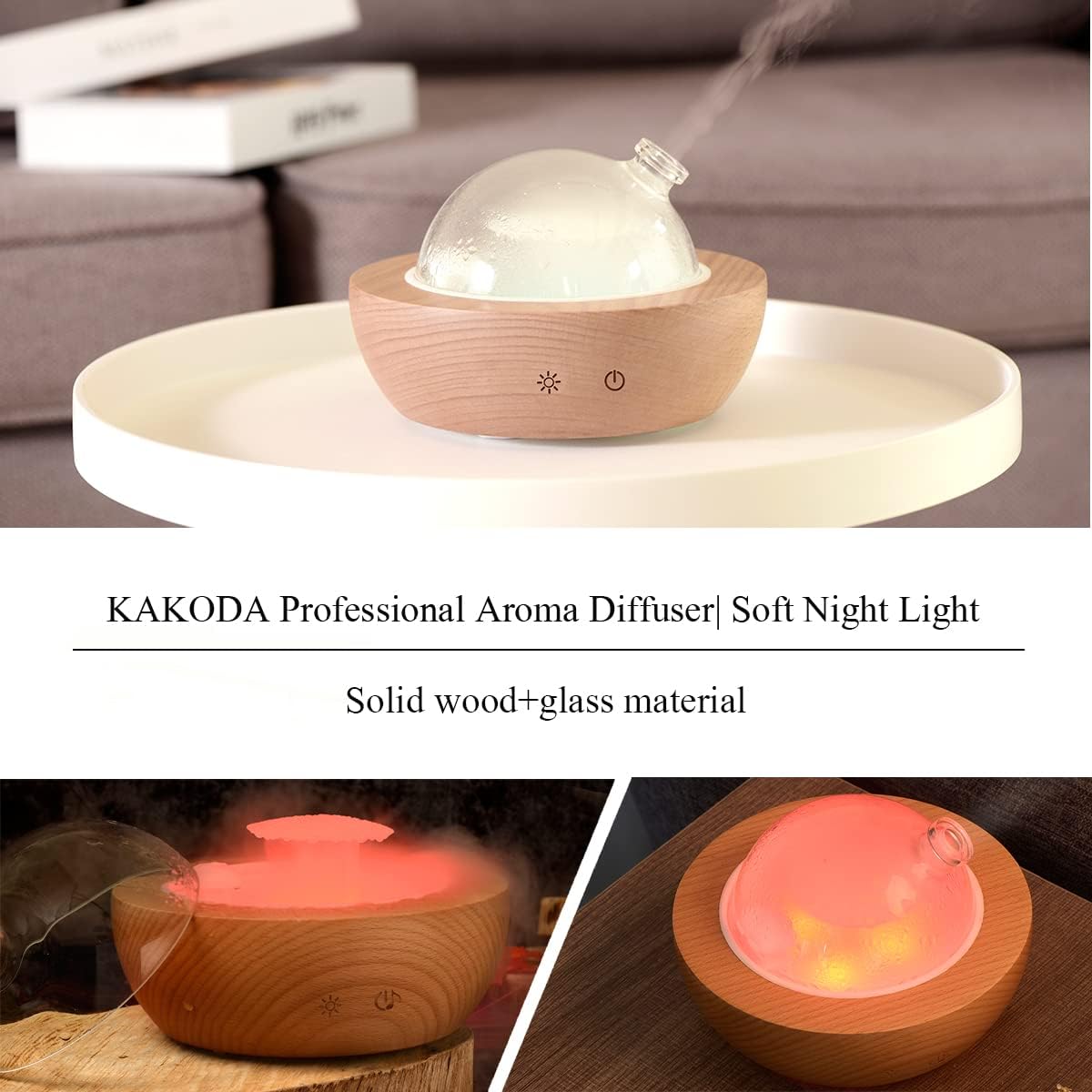 Glass Essential Oil Diffuser,Real Wood Base,The 2025 Upgrade Aromatherapy Diffuser,Aroma Diffuse Humidifier,LED Light in 7 Colors，Suitable for Home Office Bedroom（Non-Glass Reservoir）