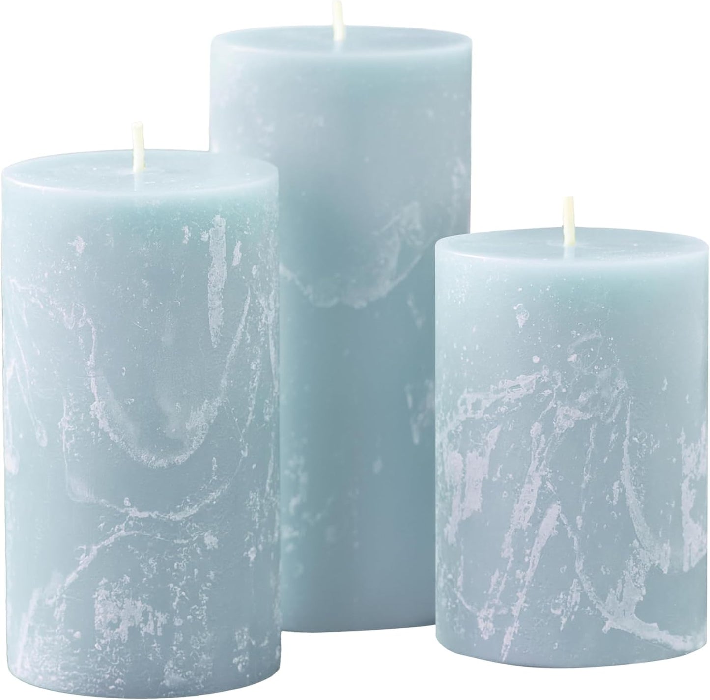 Blue Scented Pillar Candles Set of 3, 3x4, 3x5, 3x6 Light Blue Candles, Sea Salt and Driftwood Pilar Scented Candle, Ideal as Wedding, Parties, Spa, Dinner, Home Decor, Church