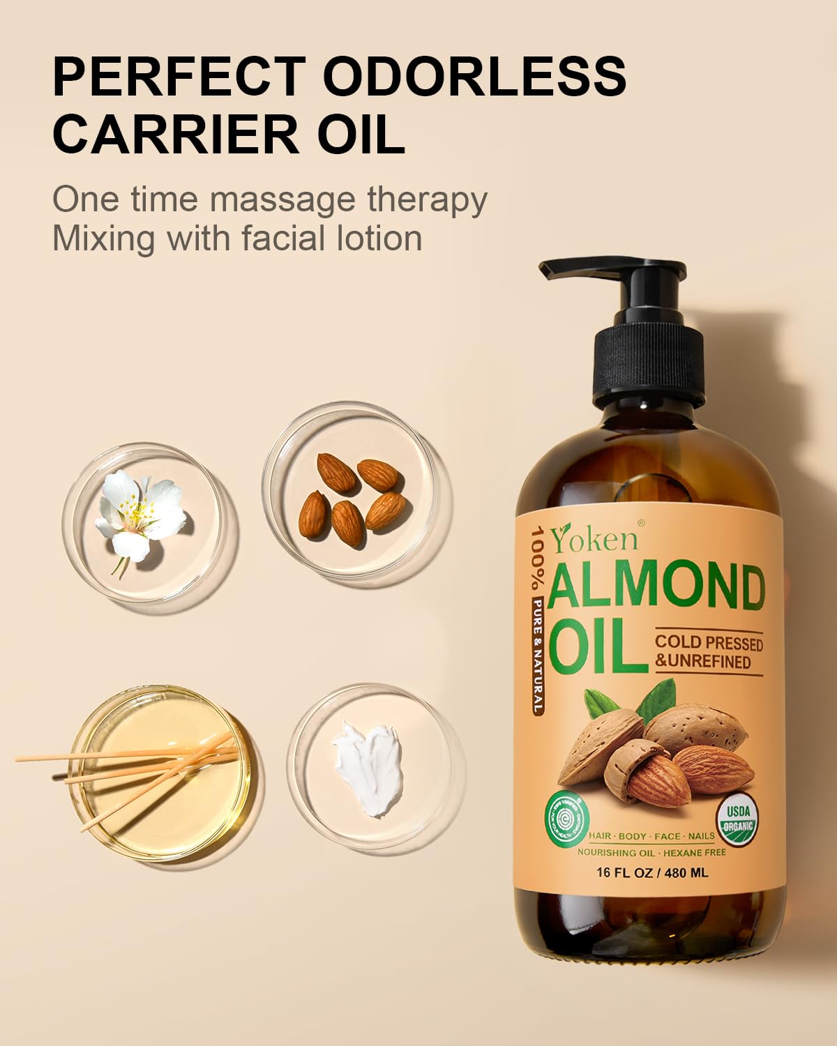 Yoken Organic Almond Oil 16 fl oz, USDA 100% Pure Cold Pressed Almond Oils in Glass Bottle, Natural Moisturizer for Face, Hair & Body, Ideal Carrier Oil for Skin Care, DIY Beauty & Soothing Massage