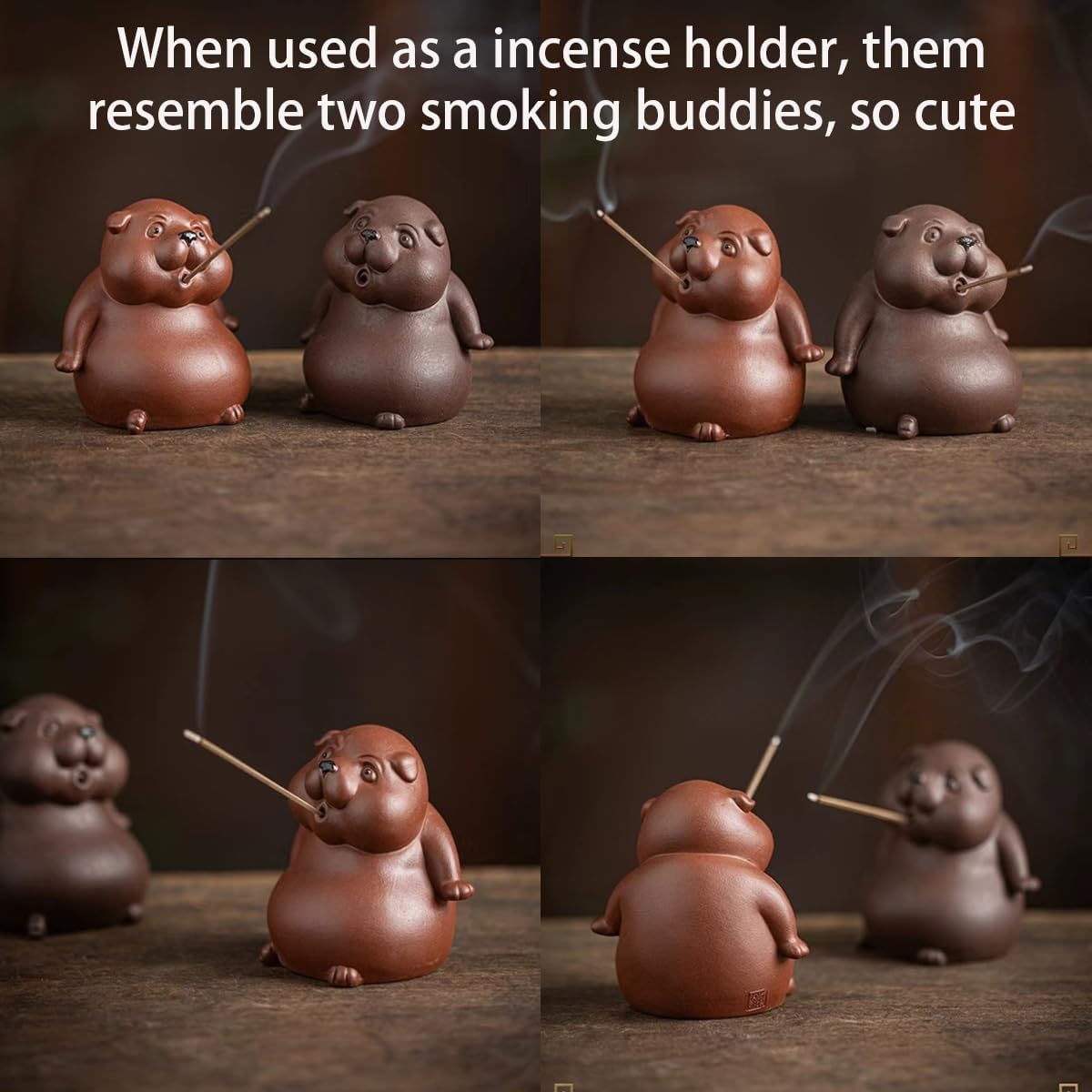 EAEDMY 2pcs Curious Puppy Figurine Incense Holder for Stick, Burner Incense Stick Holder, Purple Sand Kongfu Tea Pet Set for Tea Table Desk Tearoom Decoration Ornament