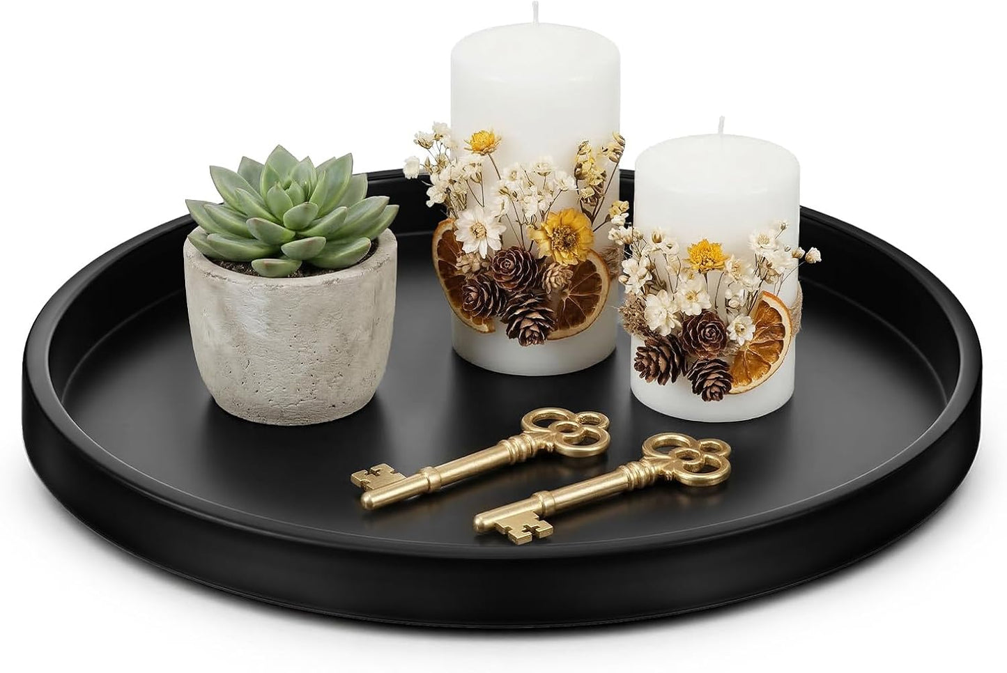 Round Black Metal Candlestick Tray, Round Decorative Tray, Candle Holder Trays for Wedding Table, Dinning Table Decorations Candle Holder Plate Black Rounds Decorative Serving Tray(11.4 inches)