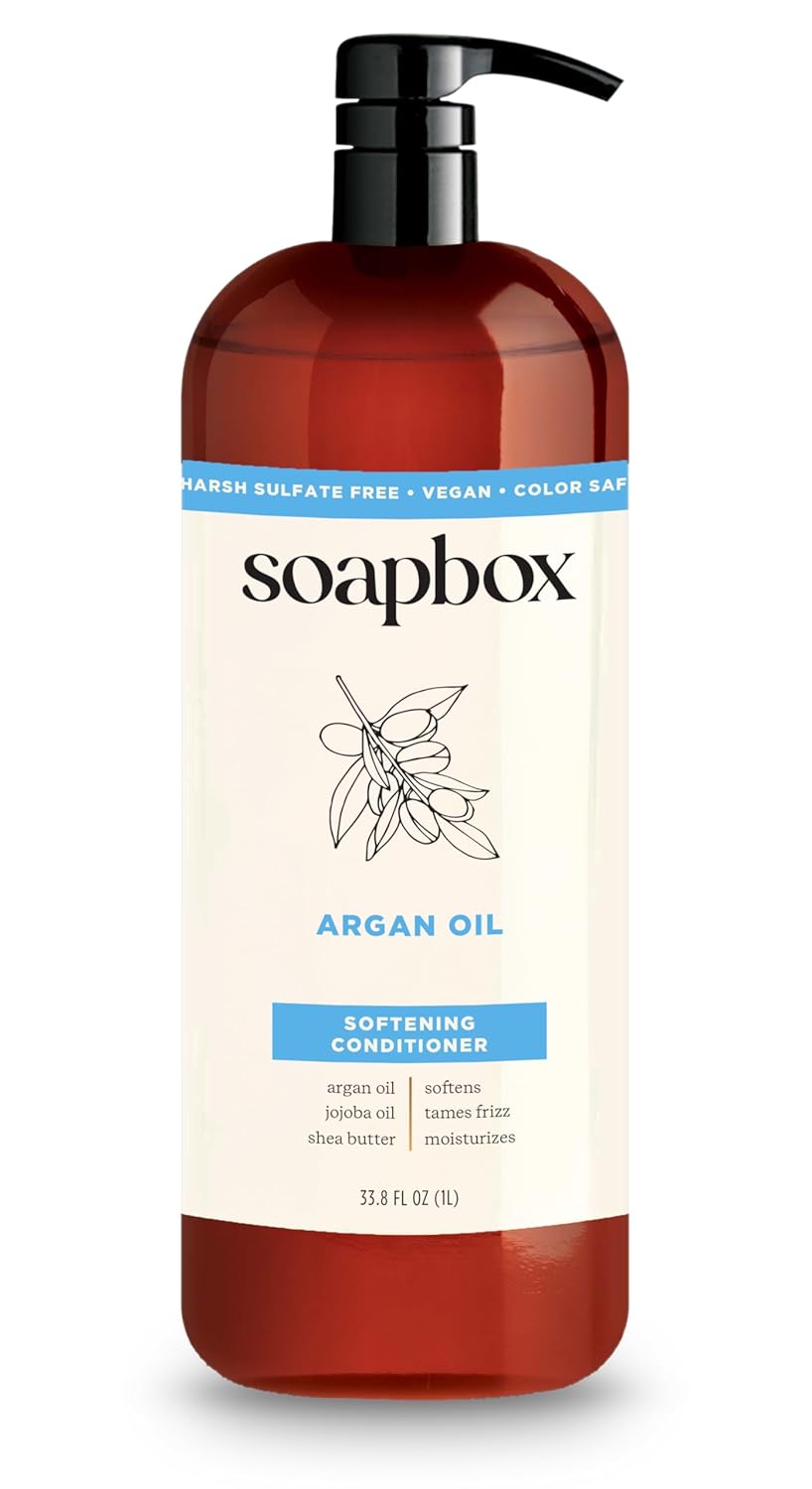 Soapbox Argan Oil & Vanilla Conditioner, Controls Frizz & Moisturizes - Clean Ingredients Free of Harsh Chemicals, Sulfates, Parabens & Silicones - Smoothing Conditioner for Frizzy Hair, 33.8oz Liter