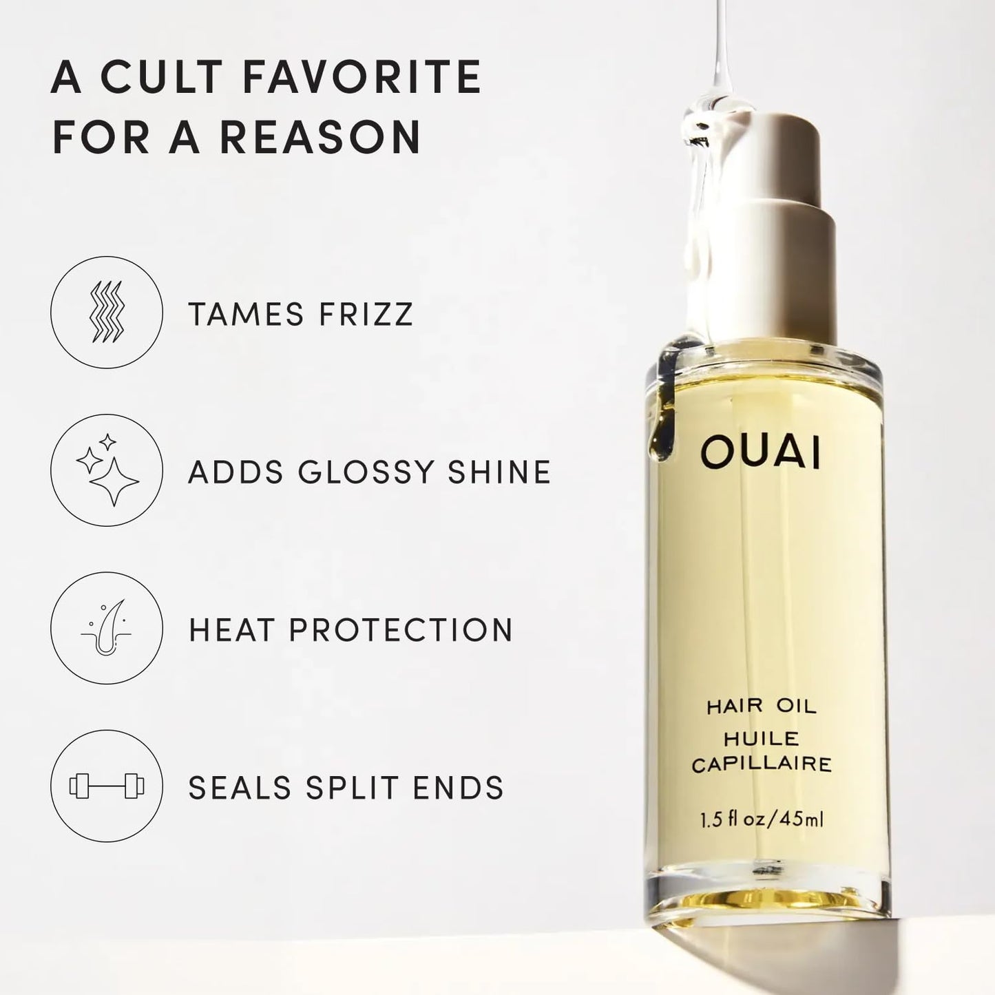 OUAI Hair Oil - Hair Heat Protectant Oil for Frizz Control - Adds Shine and Smooths Split Ends - Color Safe Formula - Paraben, Phthalate and Sulfate Free (1.5 fl oz)