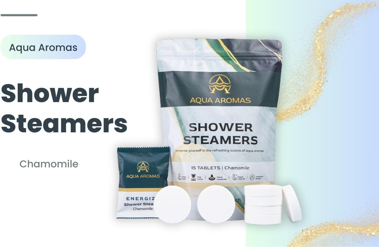 Aqua Aromas Shower Chamomile Steamers - Aromatherapy Shower Bombs, 15 Count - with Chamomile Essential Oils for Relaxation & Invigoration - Spa-Like Experience for Stress Relief & Wellness