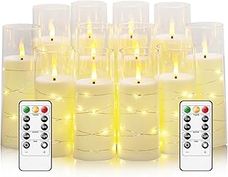 Sasigeiaa Flameless Candles with Embedded Star String - Battery Operated LED Candles, with Remote,12 Ivory Flickering Candles for Christmas, Weddings, Home Decor & Party,(D 2.3"×H 5" 6" 7")