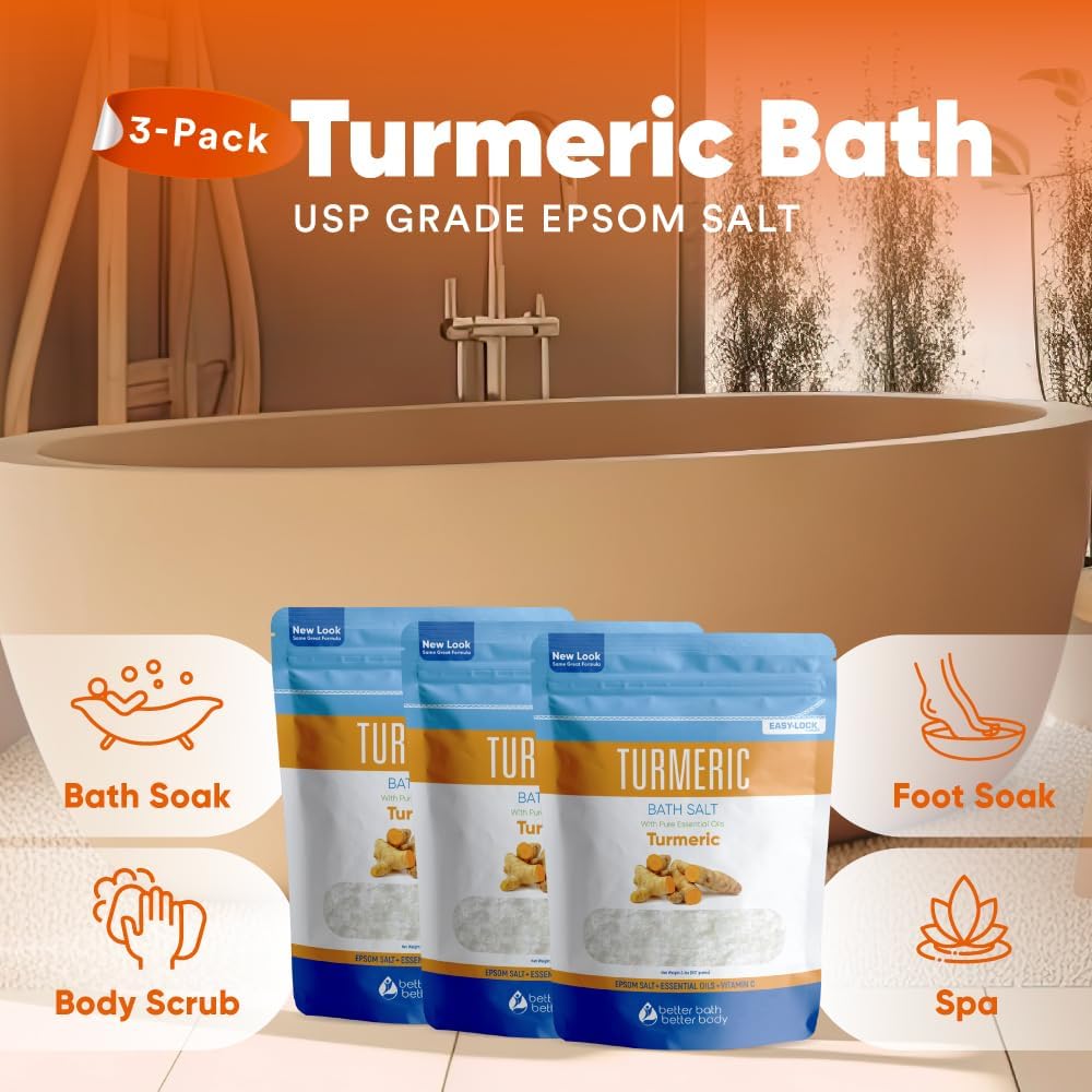 Turmeric Bath Salt (3 Pack 6 Lbs Total) Soothing Bath Aromatherapy Pure Essential Oils in BPA Free Pouch with Press Lock Seal Made in USA Three 2 Lbs Bundle