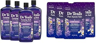 Dr Teal's Foaming Bath with Pure Epsom Salt, Sleep Blend with Melatonin & Pure Epsom Salt Soak, Sleep Blend with Melatonin, Lavender & Chamomile Essential Oils, 3 lbs (Pack of 4) (Packaging May Vary)