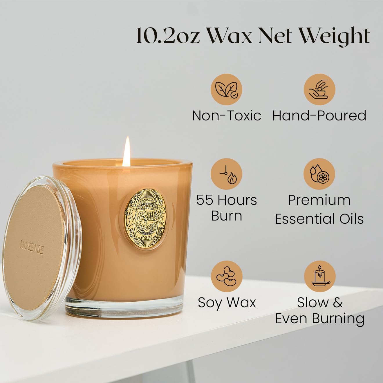 M&SENSE Natural Soy Candle| Santal Brown | 10.2 oz, 55H Burn | Luxury Scented Candle for Relaxation, Gifting, Home Décor | for Bedroom, Office, Party