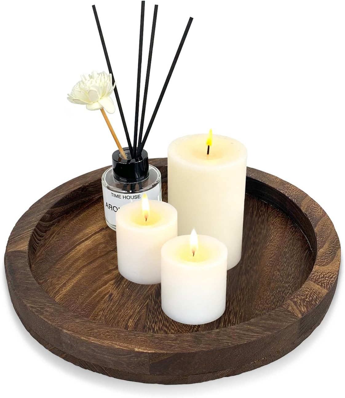 Round Candle Holder, Single Wooden Plate for Decorative Candle Dish, 10.4in Brown Poplar Wood Candle Plate for Christmas, Wedding, Halloween and Home Decor