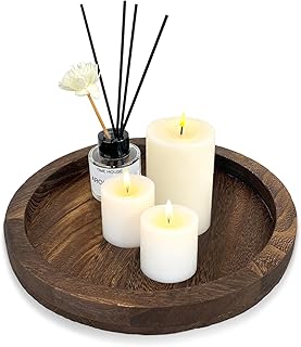 Round Candle Holder, Single Wooden Plate for Decorative Candle Dish, 10.4in Brown Poplar Wood Candle Plate for Christmas, Wedding, Halloween and Home Decor