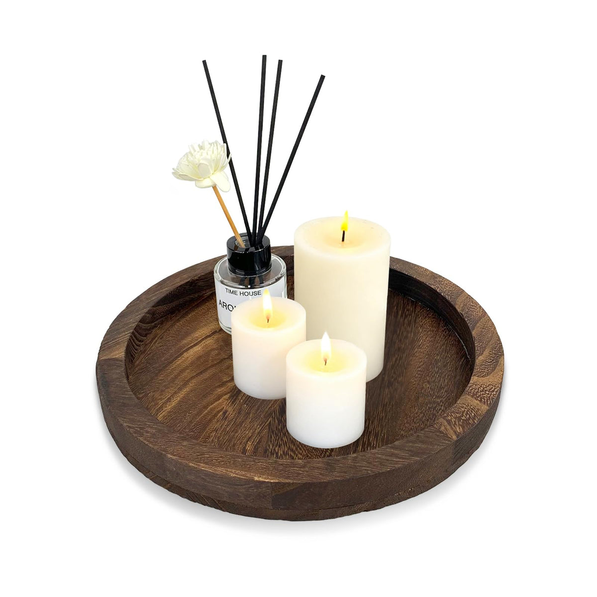 Round Candle Holder, Single Wooden Plate for Decorative Candle Dish, 10.4in Brown Poplar Wood Candle Plate for Christmas, Wedding, Halloween and Home Decor