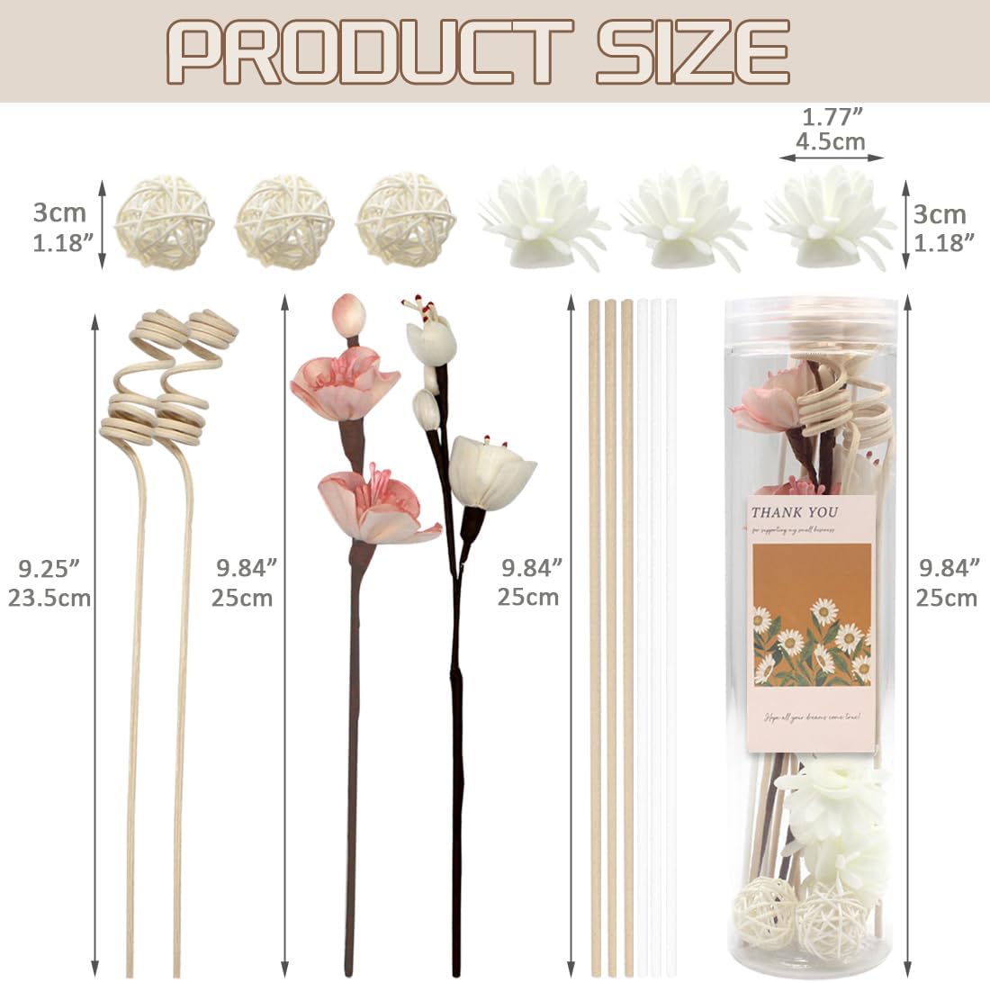 16Pcs Natural Rattan Reed Diffuser Sticks with Handmade Flowers, Aroma Fragrance Diffuser Refill Replacement Set, Strong Scent Absorption for Home Office Bedroom Decor