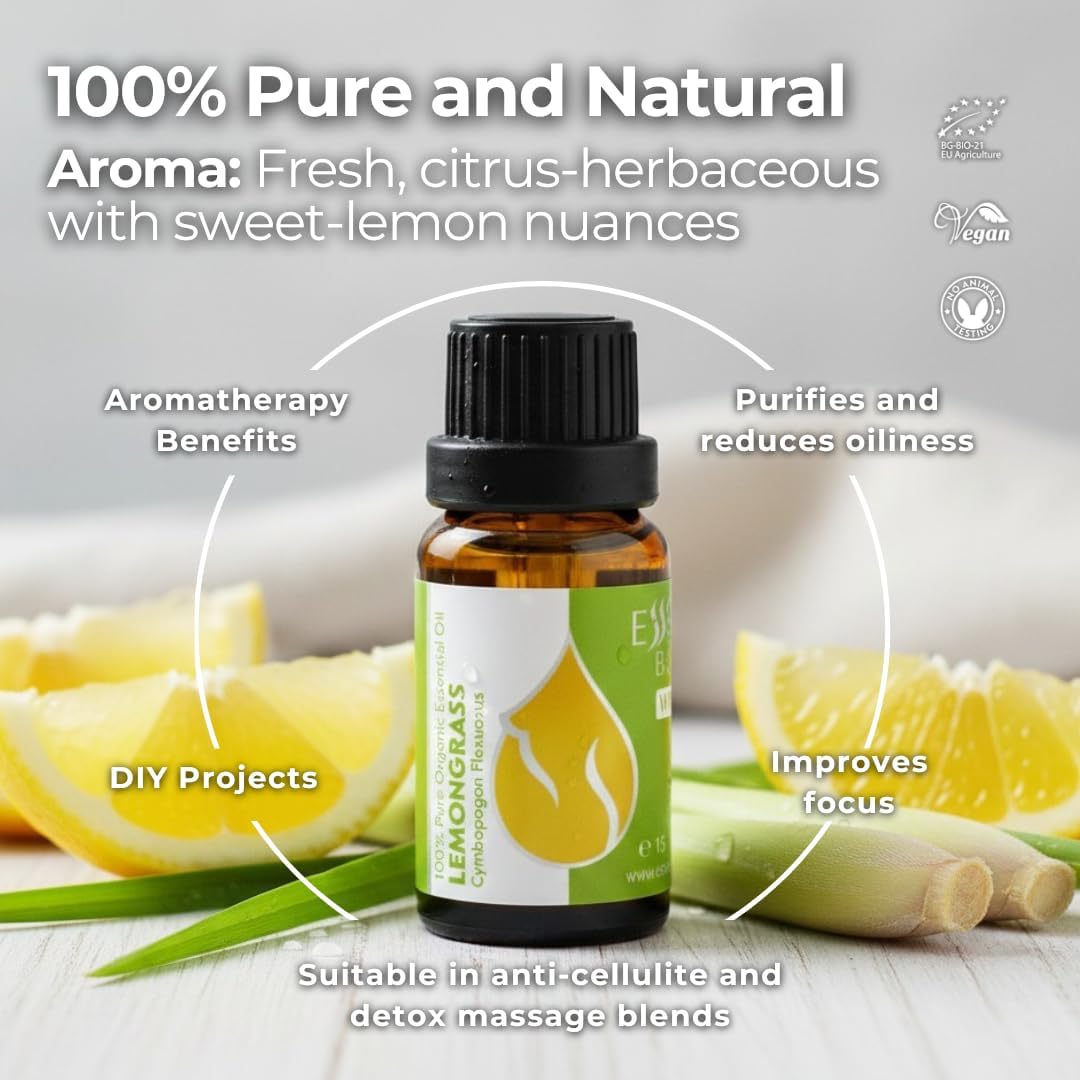 Essences Bulgaria Organic Lemongrass Essential Oil 0.51 Fl Oz | 15ml | Cymbopogon flexuosus | 100% Pure | Natural | Undiluted | Therapeutic Grade | Aromatherapy | Cosmetics | Cruelty Free | Vegan