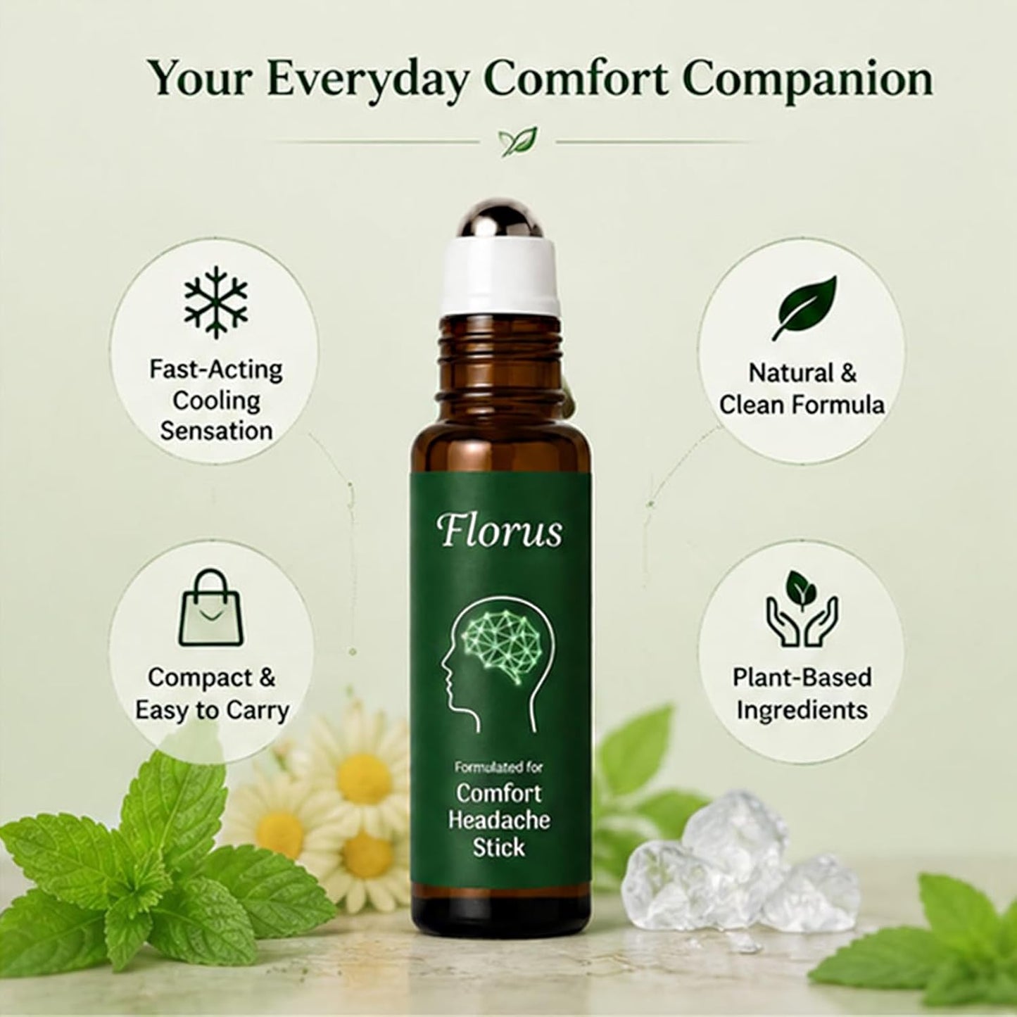 Florus Relief Roll on, Peppermint Oil Head Comfort Stick with Lavender, Chamomile and Magnesium Glycinate (1pcs)