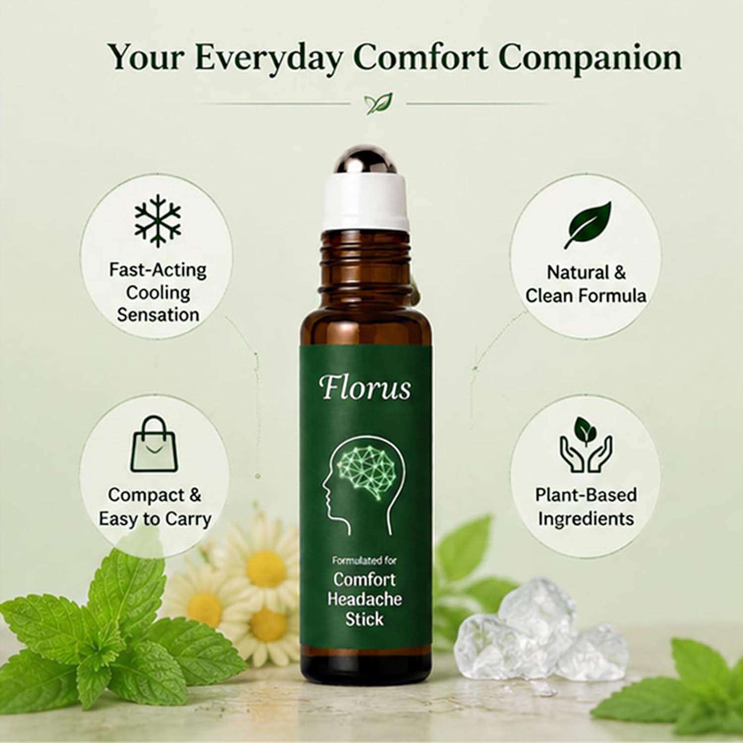 Florus Relief Roll on, Peppermint Oil Head Comfort Stick with Lavender, Chamomile and Magnesium Glycinate (1pcs)