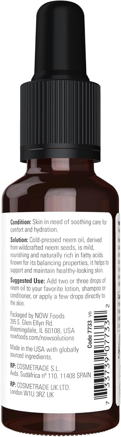 NOW Foods Solutions, Neem Oil, 100% Pure, Made From Azadirachta Indica (Neem) Seed Oil, Natural Relief from Irritation and Other Skin Issues, 1-Ounce, Ingredients: 100% pure neem oil