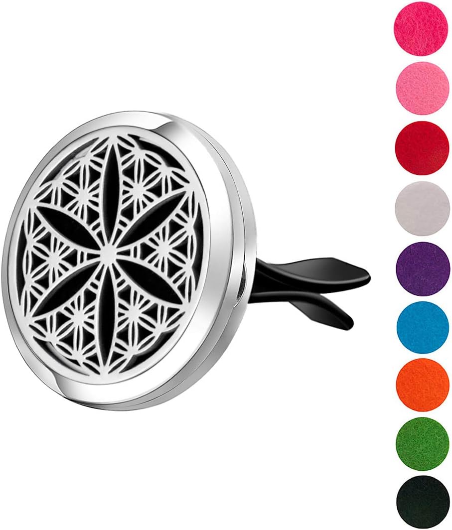Wild Essentials Flower of Life Essential Oil Car Vent Diffuser, Stainless Steel Locket Pendant With 12 Color Refill Pads, Customizable Color Changing Air Freshener for Aromatherapy