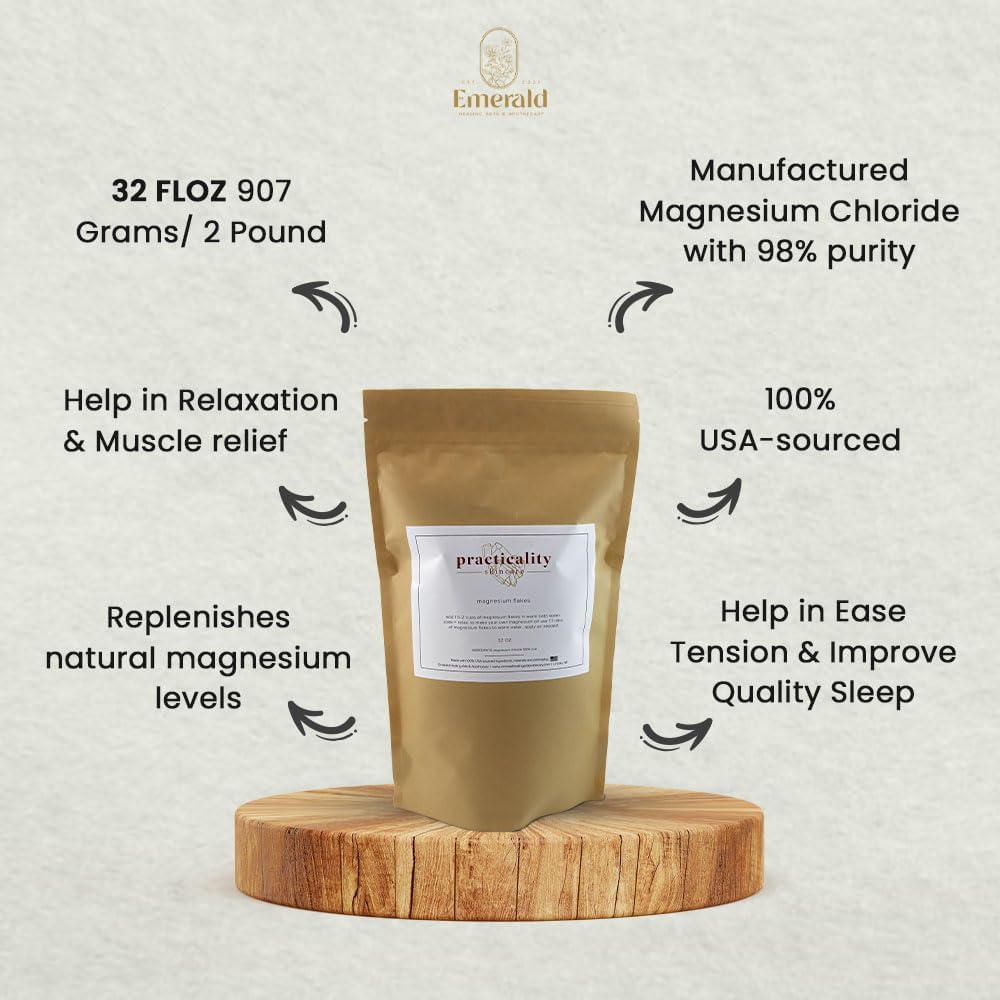 Practicality Magnesium Flakes for Bath |100% Natural USA-Sourced and Manufactured Magnesium Chloride Flakes - Great for Foot & Body Relaxation, Better Absorption Over Epsom Salt | 32 FL OZ | 1 Pc