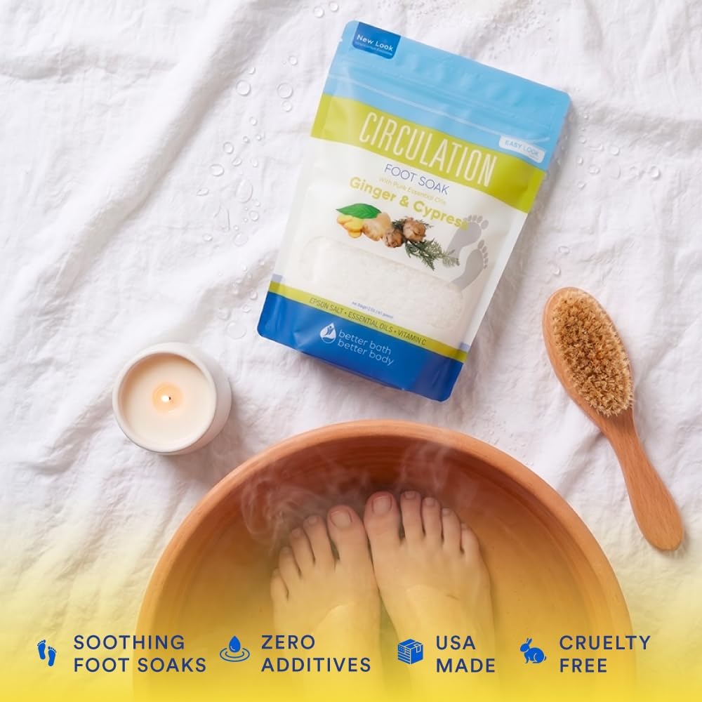 Circulation Foot Soak 32 Ounces (2 Lbs) Epsom Salt with Pure Essential Oils Ginger and Cypress Essential Oils Plus Vitamin C in BPA Free Pouch with Easy Press Lock Seal