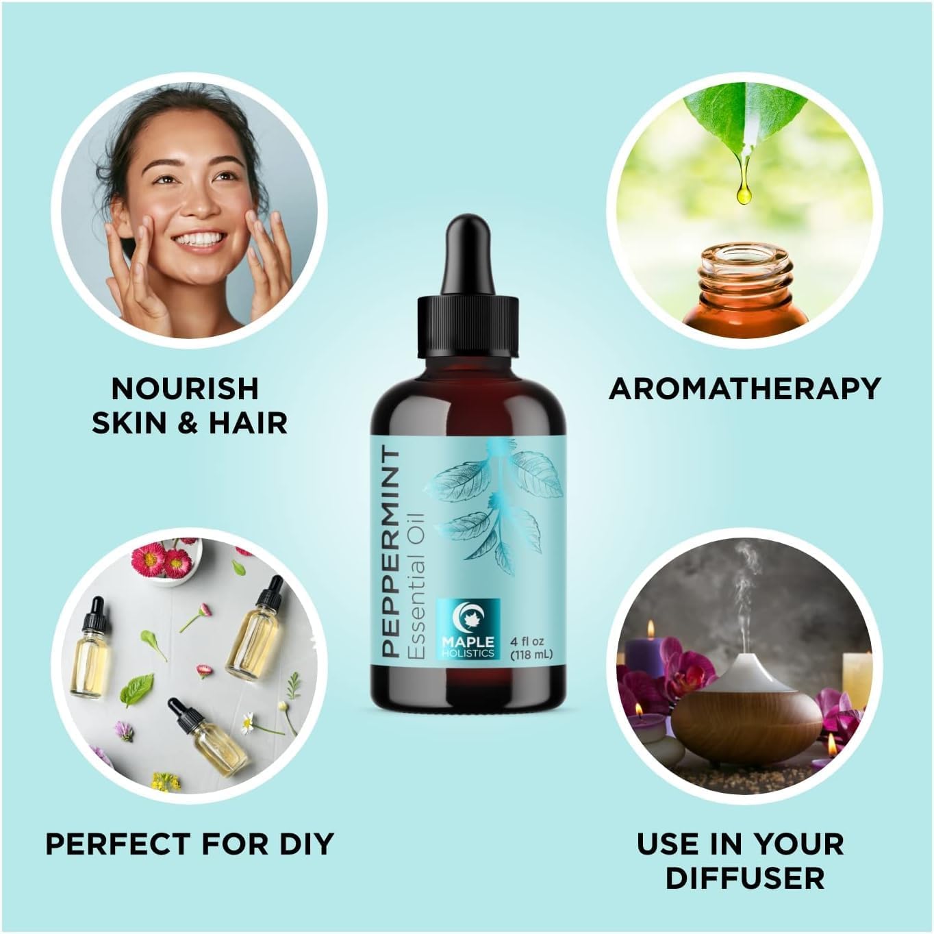 Peppermint Essential Oil for Diffuser Aromatherapy - 100% Pure Peppermint Oil for Hair Skin and Nails Plus Undiluted Refreshing Aromatherapy Essential Oil for Diffusers Baths and Topical Uses 4oz