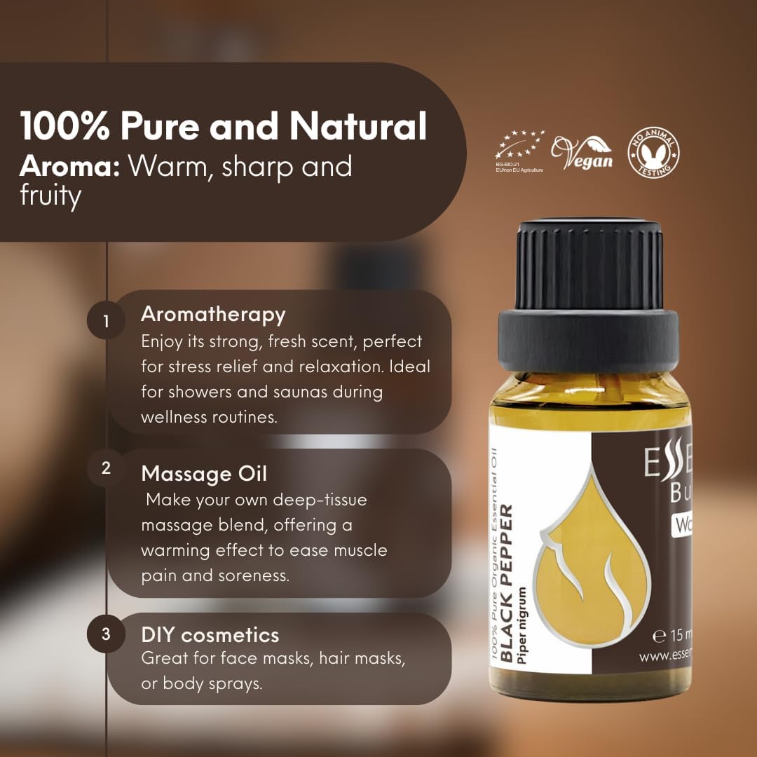 Essences Bulgaria Organic Black Pepper Essential Oil 0.51 Fl Oz | 15ml Piper nigrum - 100% Pure Natural Undiluted Therapeutic Grade for Aromatherapy Humidifier and Relaxing Massage to Ease Joint Ache