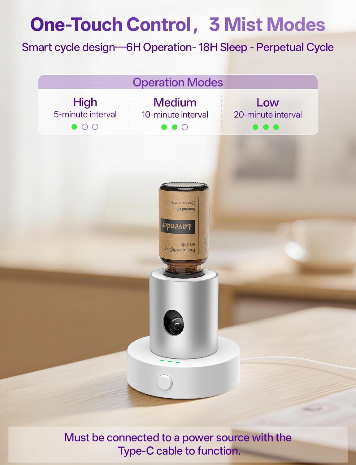 Mini Waterless Nebulizing Essential Oil Diffuser with 10ml Lavender Oil for Aromatherapy, Small Portable with Air Mist and Scent for Home, Room, Hotel, Desk, Office, Travel - Silver