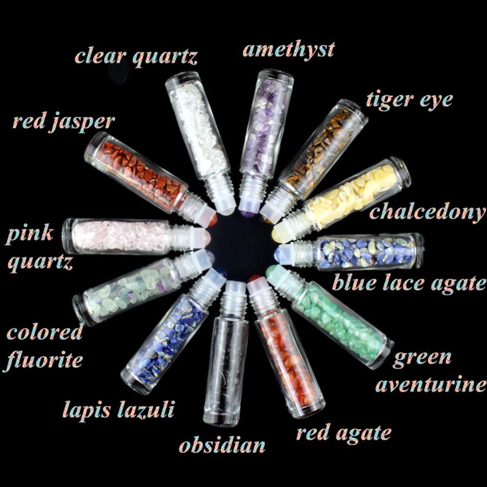 5 Pack 10ml Clear Roll On Bottles With Natural Chakra Crystal Chips for Essential Oils,Perfume Glass Roller Bottles Container Bamboo Lid,Crystal Roller,Pipette&Opener Included (Rose Quartz)