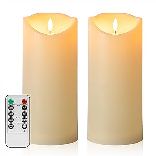 ANGELLOONG 9" x 4" Flickering Flameless Candles with Remote, Battery Operated Timer Candles, LED Pillar Candles for Outdoor Lanterns Porch, Set of 2