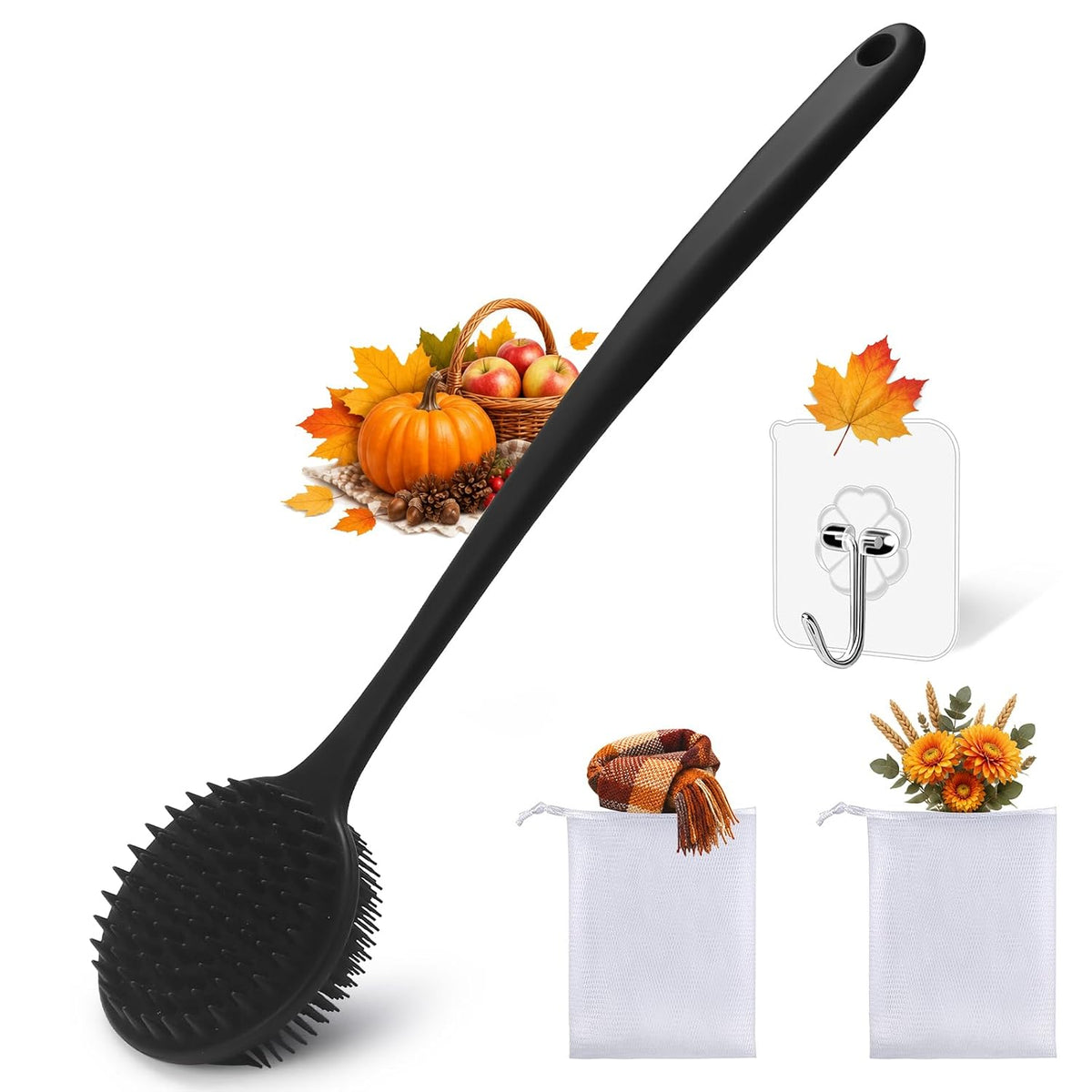 Silicone Body Scrubber for Shower Men Women – Dual-Sided Exfoliating &amp; Massage Shower Brush with Long Handle, Creates Rich Lather, Includes 1 Hook &amp; 2 Lather Balls (Black).