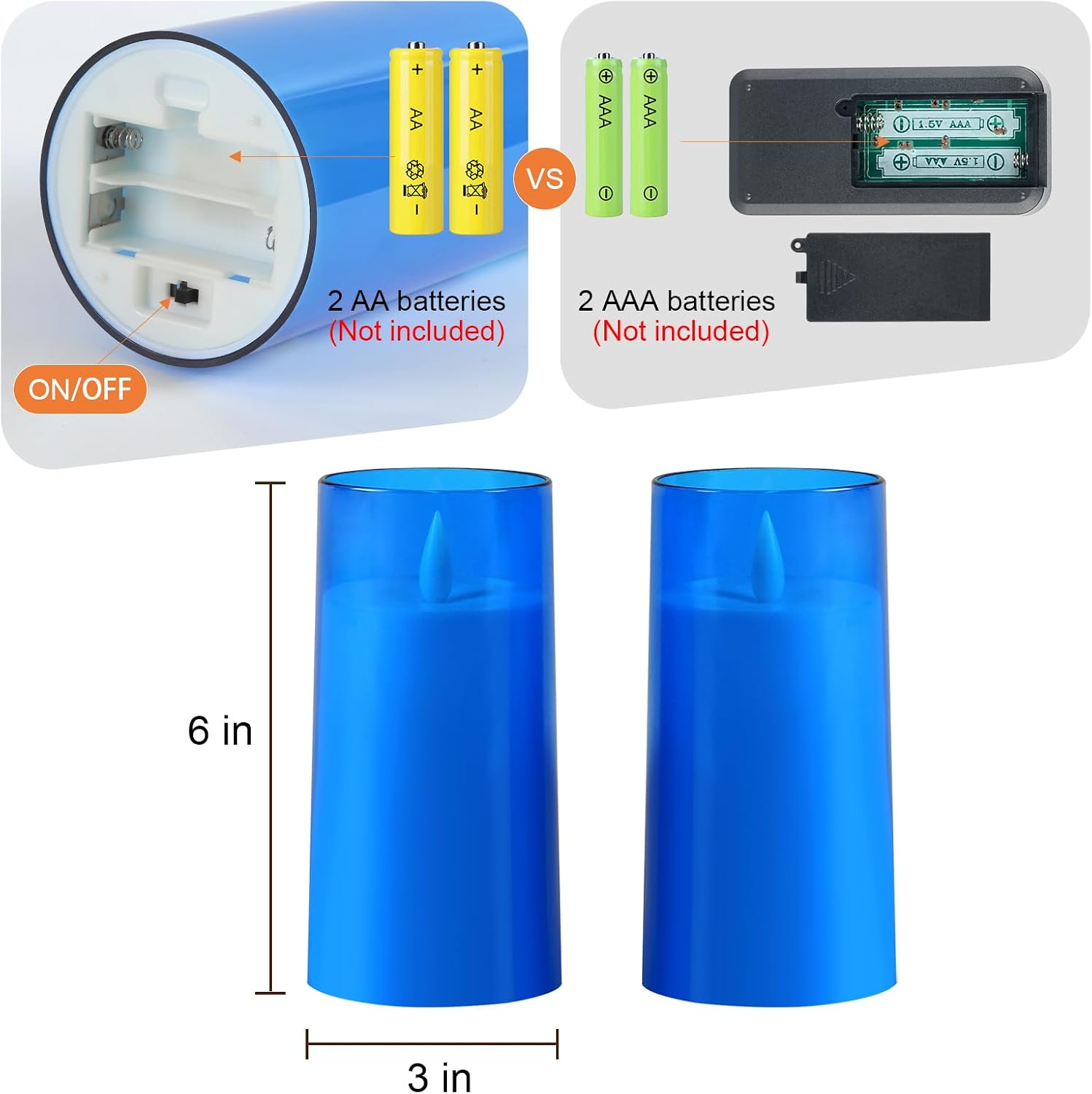 Homemory Realistic Flickering Flameless Candles, Battery Operated Candles, LED Fake Electric Candle with Remote Control and Timer for Home, Christmas Decoration, Blue, Set of 2 (H 6" 6")