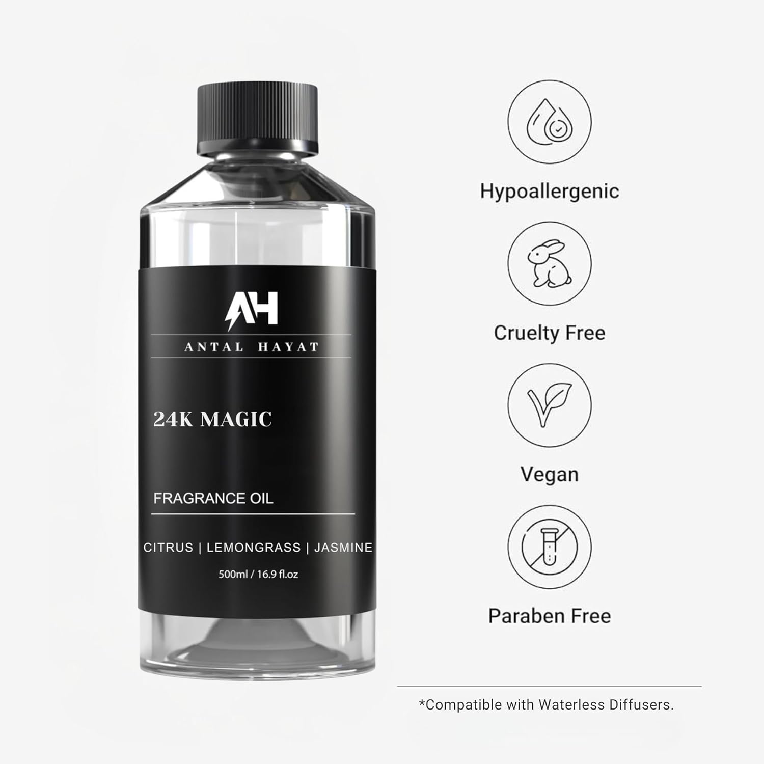 24K Magic Scent Diffuser Oil 500mL - Inspired by Luxury Hotel W Hotels - Notes of Zesty Citrus, Floral Jasmine, & Delicate Lily - Aromatherapy Home Fragrance - 24K Diffuser Oil - AH Diffuser Oils
