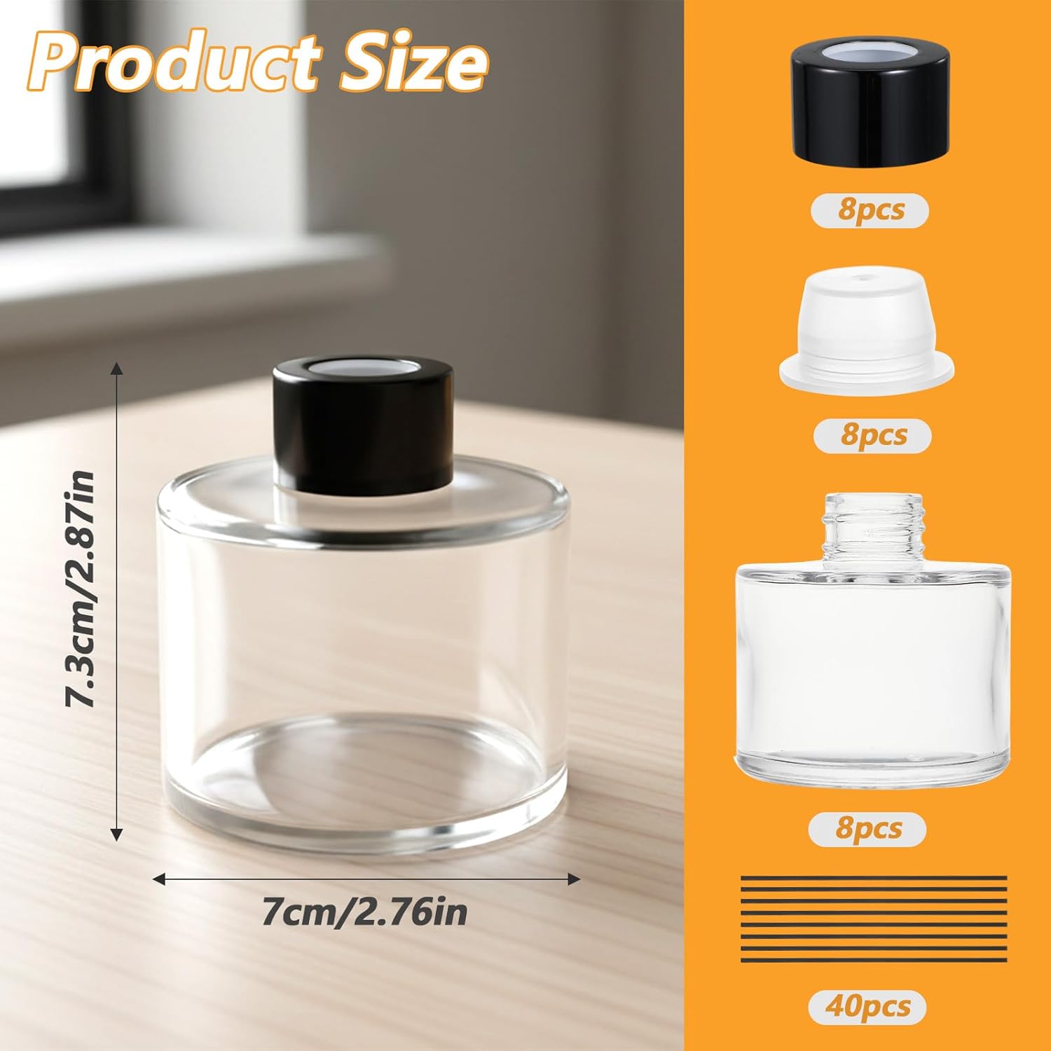 8 PCS Fragrance Glass Diffuser Bottles, Refillable Diffuser Bottles with 40 Pcs Reeds Sticks, Black Caps, Diffuser Jars for Living Room Home Replacement Fragrance DIY Decor, 100ML