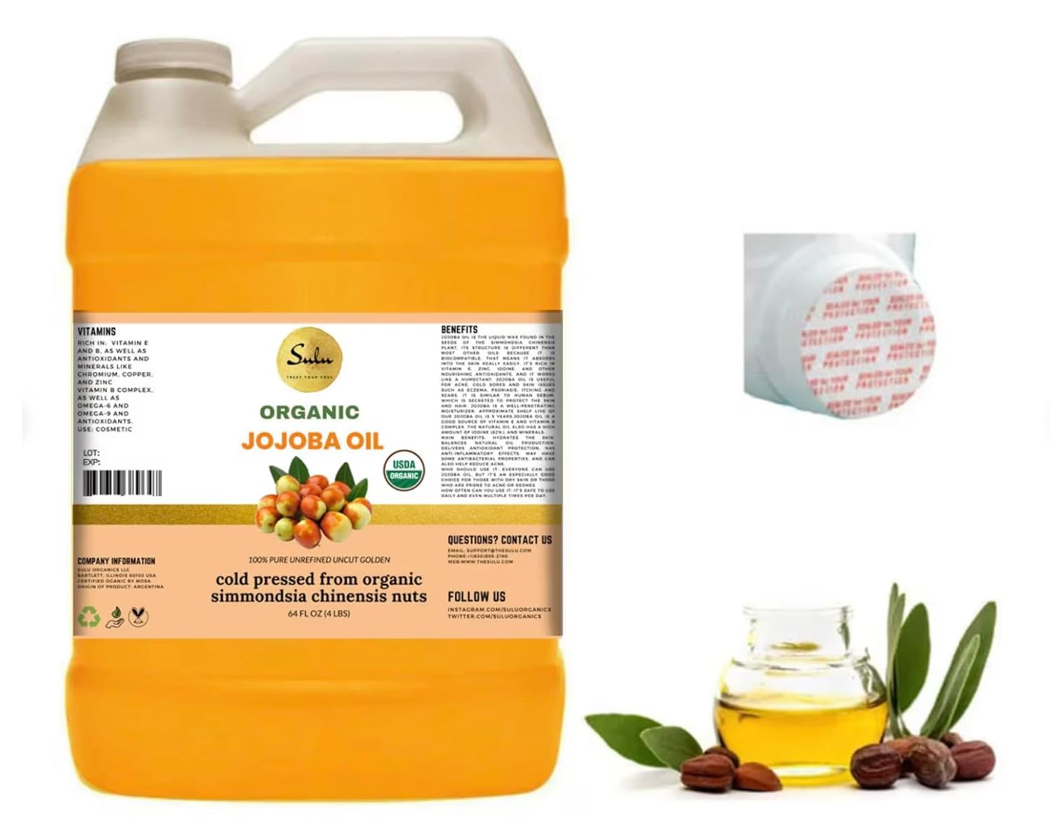 SULU Certified Organic Cold Pressed Unrefined Raw Uncut Golden Jojoba Oil- 1 Gallon/128 fluid ounces