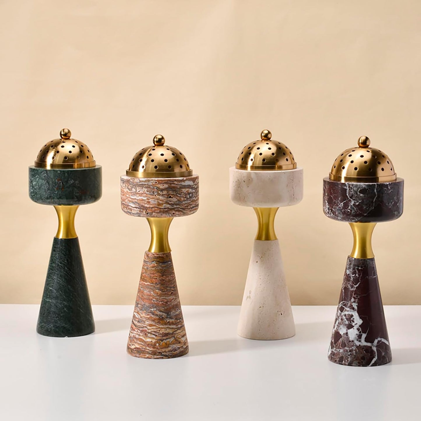 Marble Incense Burner with Brass Cover, 11 x 3.8 inches, Multi-Purpose Holder for Cones, Coils and Sticks (White)