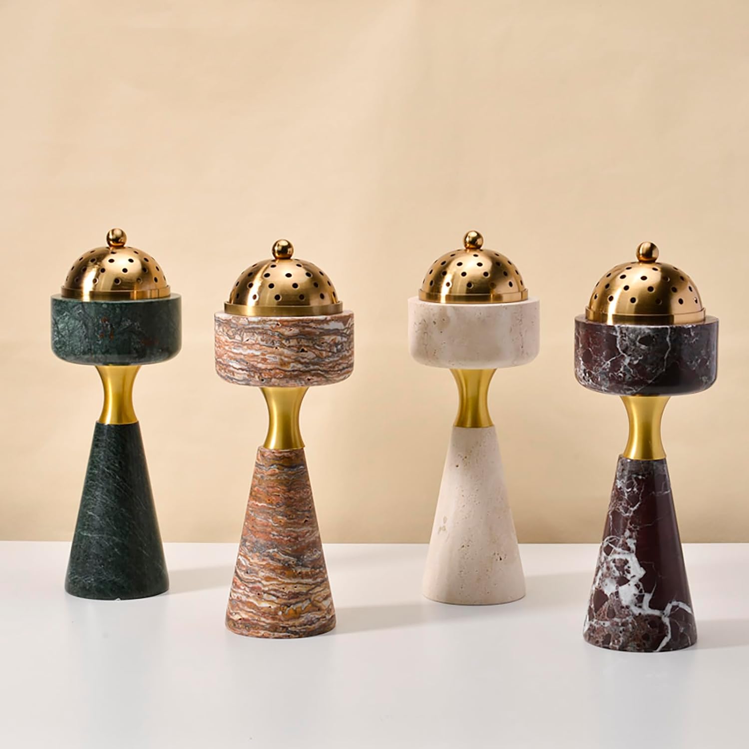 Marble Incense Burner with Brass Cover, 11 x 3.8 inches, Multi-Purpose Holder for Cones, Coils and Sticks (White)
