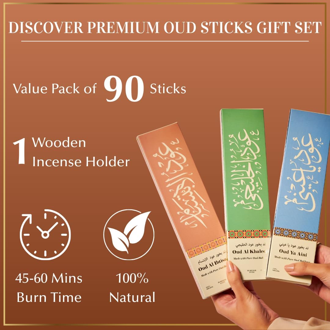 Premium Oud Incense Sticks Gift Set by Dukhni – 90 Oudh Agarwood Sticks I 3 Assorted Scents + Wooden Incense Holder | Long-Lasting Arabic Oud Fragrance | Luxury Aromatic Set | Islamic Gifts