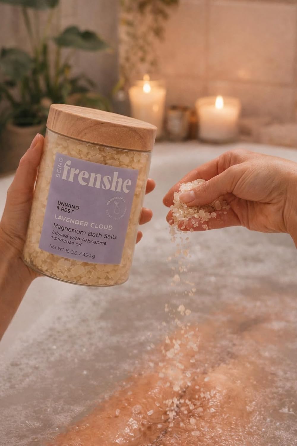 Being Frenshe Lavender Cloud Magnesium Bath Salts – Relaxing Bath Soak with L-Theanine & Primrose Oil, Unwind & Rest Formula, 16 oz