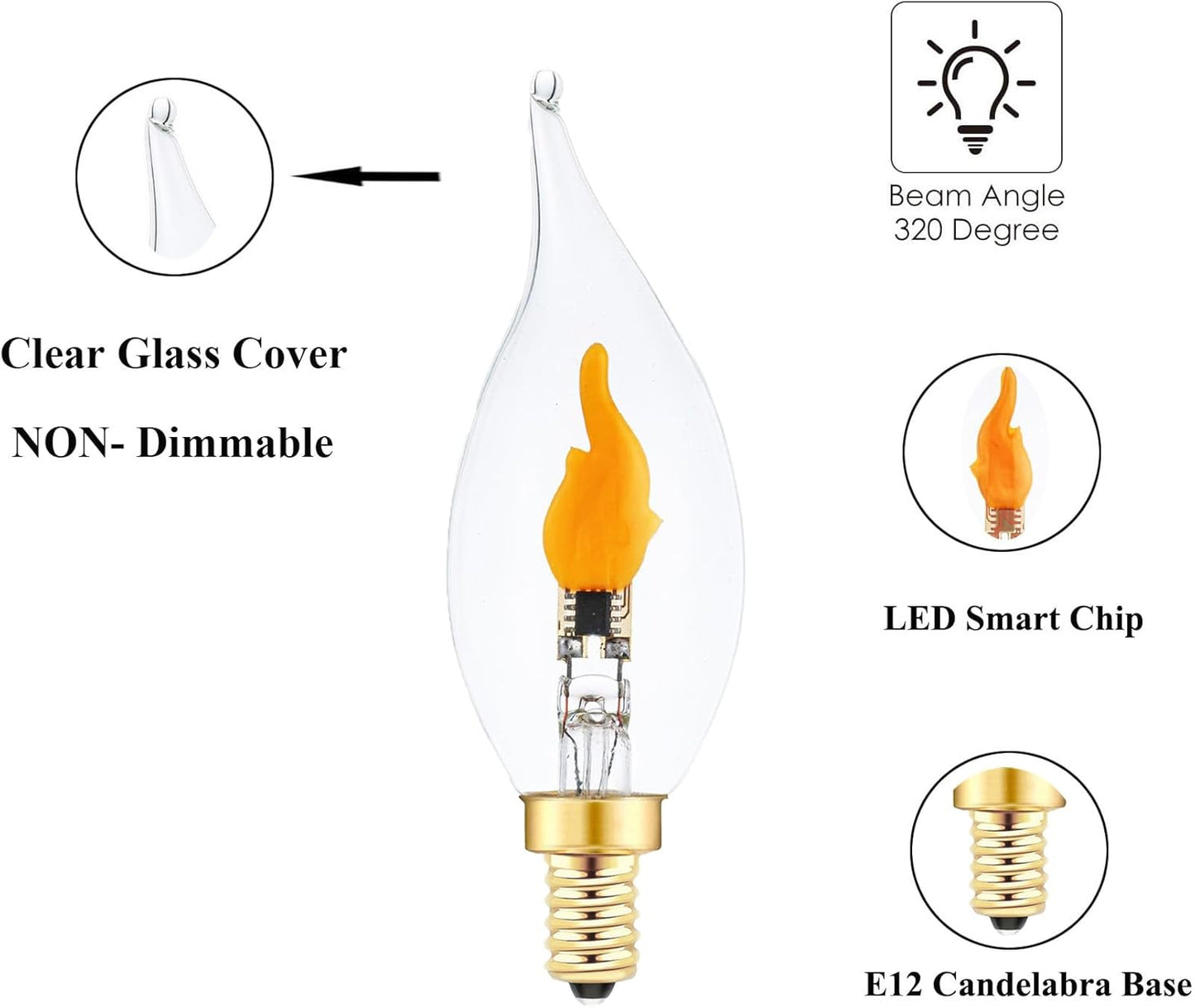 Sunaiony Flickering Flame Light Bulbs, E12 LED Flicker Candelabra Flame Effect Light Bulb for Decoration, Clear Glass CA11 Shape, 6 Pack