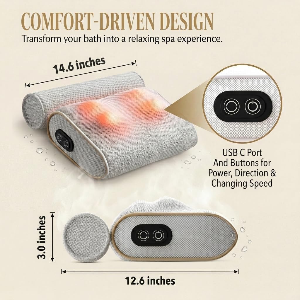 MONET Massaging Bath Pillow — Shiatsu Neck and Back Massager for Tub with 2 Speeds — IPX8 Waterproof Deep Kneading Comfort — 4 Massage Nodes USB-C Rechargeable — Spa Gift for Women — Fits All Tubs
