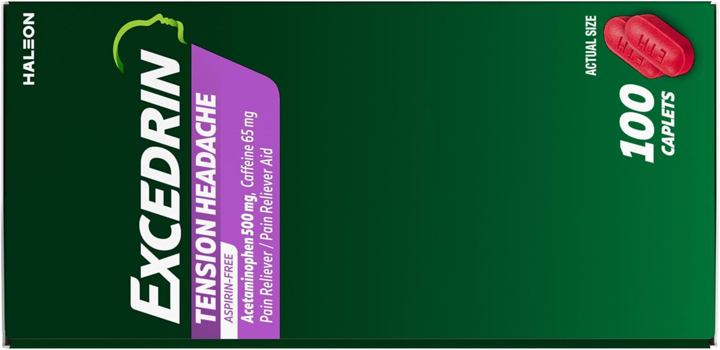 Excedrin Tension Headache Relief Caplets, Acetaminophen 500mg, Caffeine 65mg, Pain Reliever, Aspirin-Free, 100 Count
