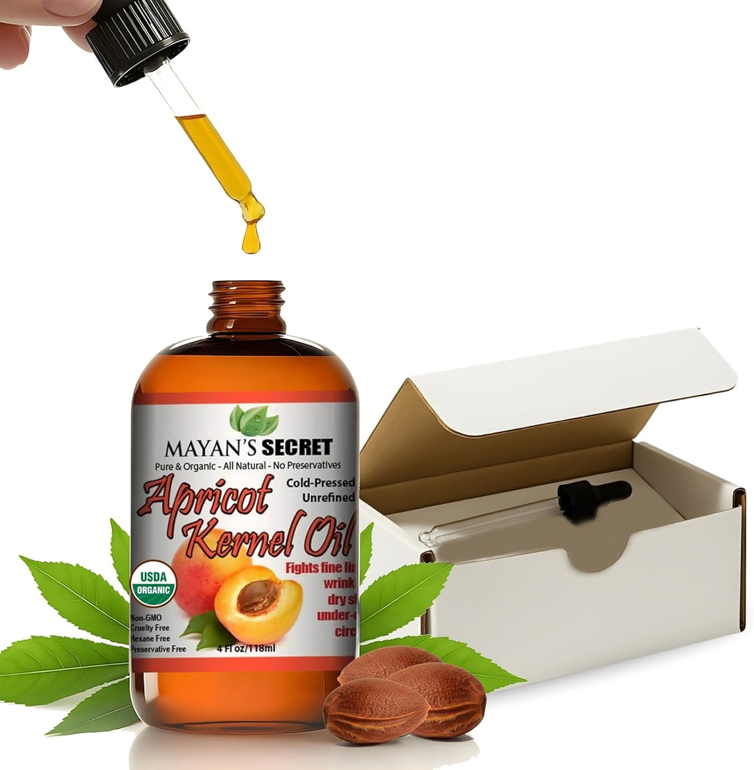 Mayan’s Secret Organic Apricot Kernel Oil – Cold Pressed & Unrefined Moisturizing for Skin, Face, and Hair – Pure Organic Apricot Seed Oil in Amber Glass Bottle with Dropper, 4 oz. - USDA Certified