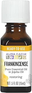 Aura Cacia Frankincense in Jojoba Oil, 100% Pure Boswellia Sacra Essential Oil Blend for Skincare, Massage, Meditation, and Aromatherapy | 0.5 Fl Oz (Pack of 1)
