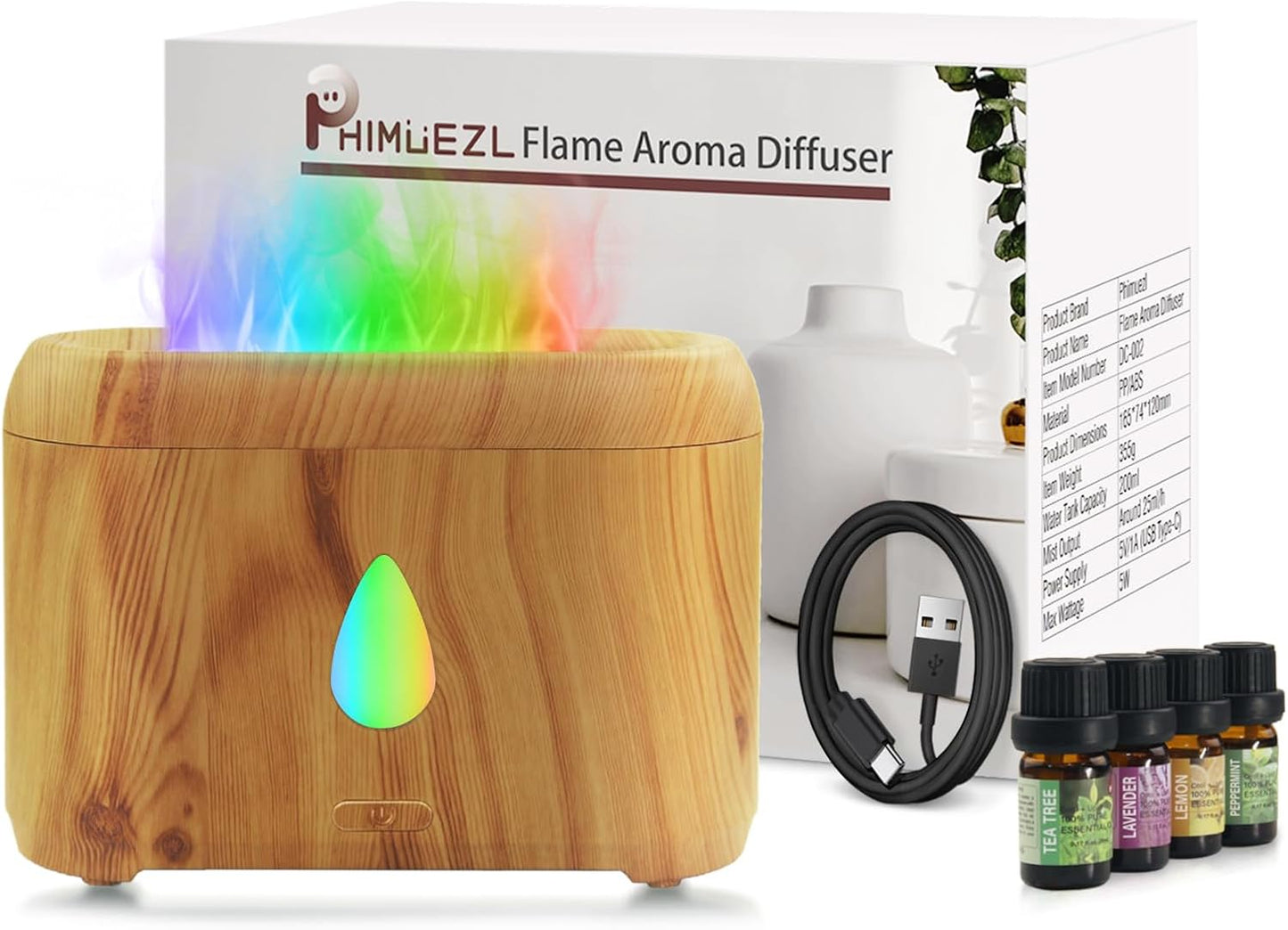 Flame Diffuser for Essential Oils, 200ml Ultrasonic Aroma Diffusers with Cool Mist, Aromatherapy Diffuser with Auto-Off Protection (Wooden Grain(7 Colors), Peppermint+Lavender+Tea Tree+Lemon)