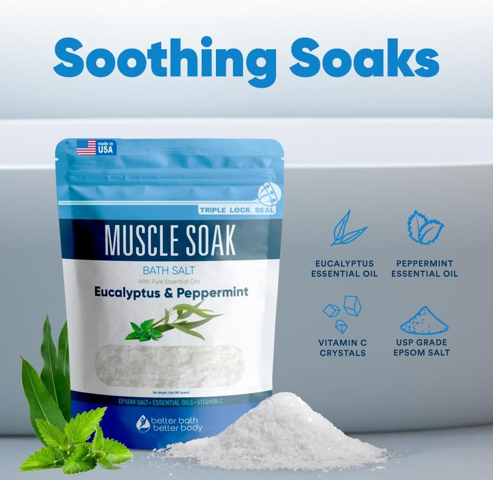 Muscle Soak Bath Salt 32 Ounces (2 Lbs) Epsom Salt with Natural Peppermint and Eucalyptus Essential Oils Plus Vitamin C in BPA Free Pouch with Easy Press Lock Seal Made in USA