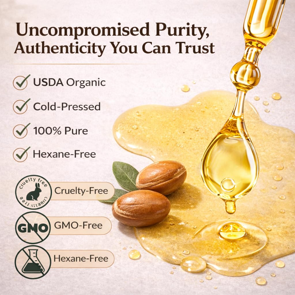 Organic Argan Oil of Morocco — USDA Certified, Cold-Pressed 100% Pure Argan Oil for Hair, Skin, & Nails — Lightweight, Fast-Absorbing for Soft Skin, Frizz Control, & Shine (Finest Glass Bottle, 4OZ)