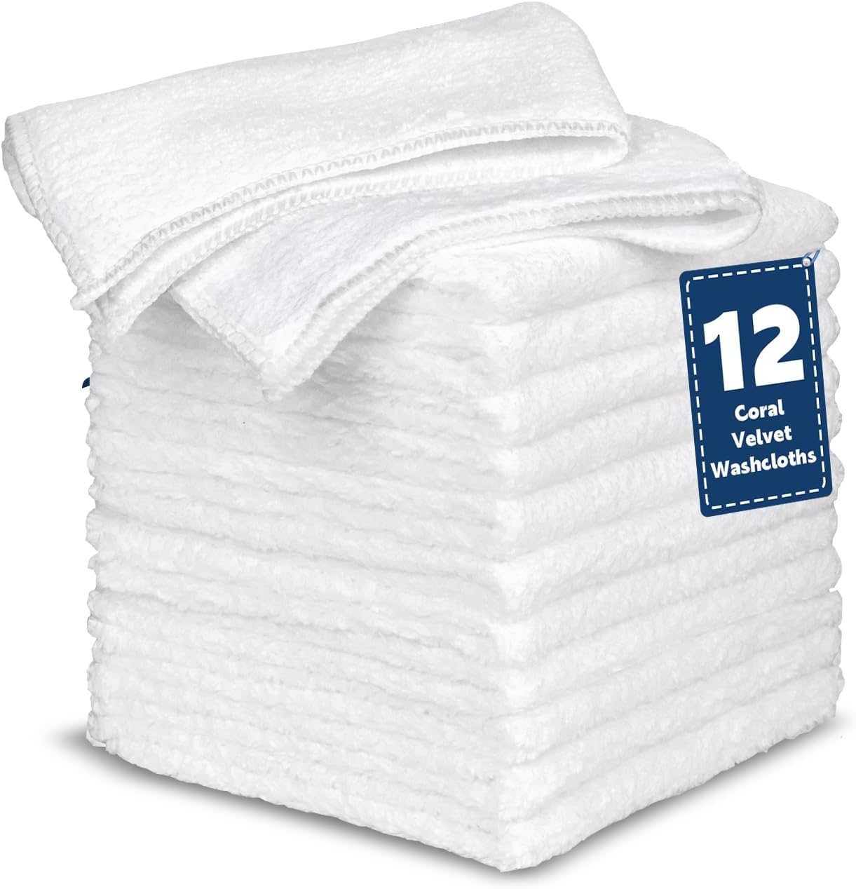 TEAWOO Coral Velvet White Washcloths 12 Pack, Highly Absorbent and Soft White Face Towels, Multi-Purpose Washcloths and Hand Towels for Bathroom, Hotel, Spa and Gym, 12 x 12 inches